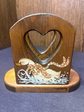 Vintage Wooden Napkin Holder with Hand-Painted Goose and Heart Shaped Cutouts